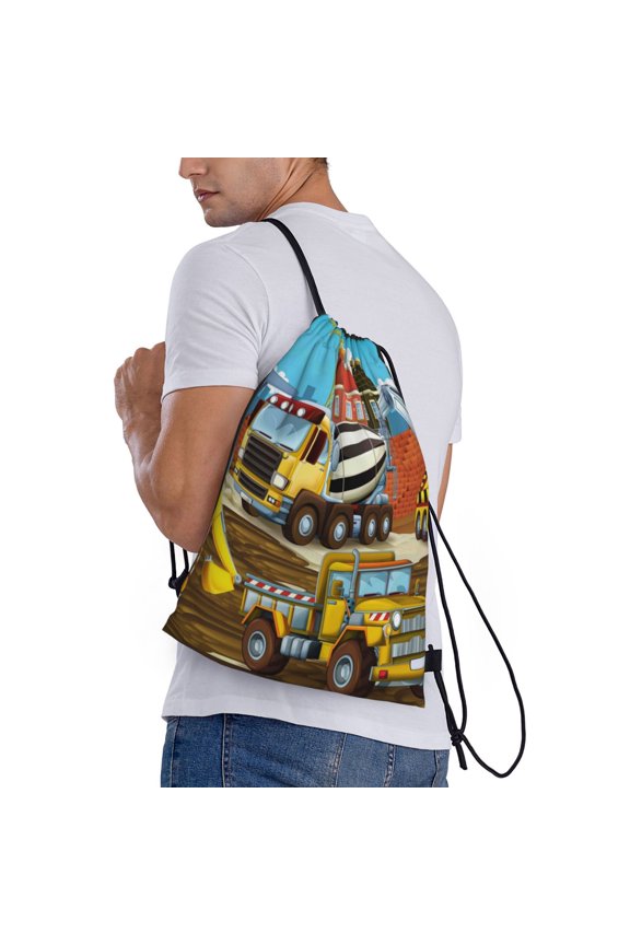Different Construction Site Vehicles Print Drawstring Bags for Gym Sports Yoga Travel Lightweight Foldable Sackpack for Men Women Teens