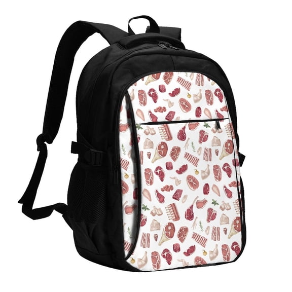 Horeoi Different Meat Print USB Backpack for Travel School Work with Laptop Compartment Charging Port and Anti-Theft Pocket