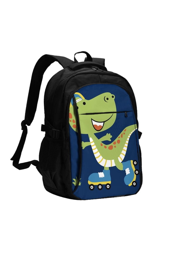 Dino Playing Roller Skate Print USB Backpack for Travel School Work with Laptop Compartment Charging Port and Anti-Theft Pocket