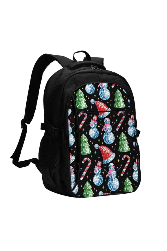 Disco Mirror Ball Snowman Print USB Backpack for Travel School Work with Laptop Compartment Charging Port and Anti-Theft Pocket