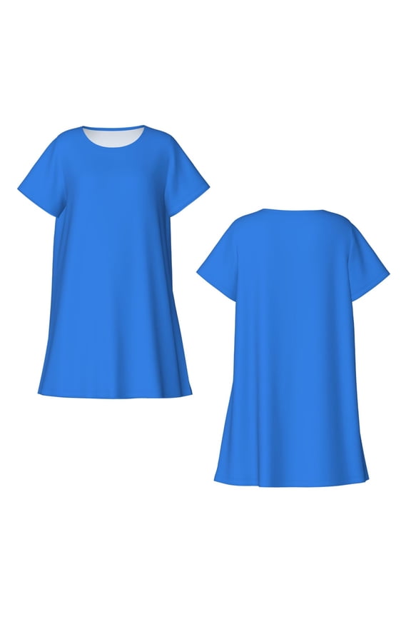 Dodgerblue Print Women's Short-sleeved Nightdress Breathable Cotton-like Material Loose A-line Knee-length