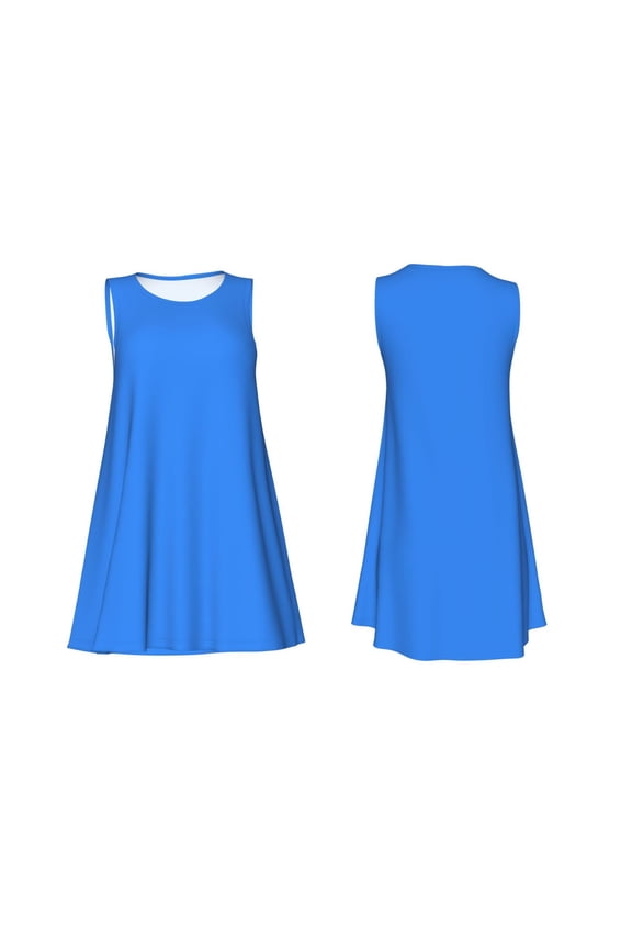 Dodgerblue Print Women's Sleeveless Dress Cotton-like Flared Hem Deep Side Pockets Above-Knee