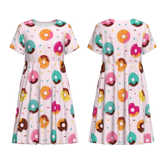 Horeoi Donut Print Women's Short Sleeve Dress Breathable Polyester-Spandex All-Over Print A-Line Side Pockets Elastic Waist
