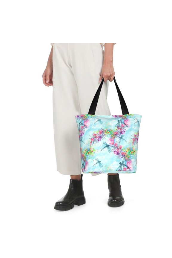 Dragonfly Floral Print Shoulder Bag for Women Large Capacity Zipper Tote for Shopping Beach Travel Gym with Inner Pocket