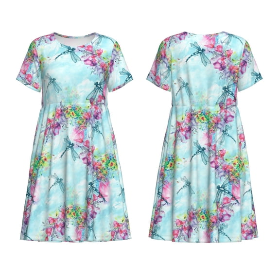 Horeoi Dragonfly Floral Print Women's Short Sleeve Dress Breathable Polyester-Spandex All-Over Print A-Line Side Pockets Elastic Waist