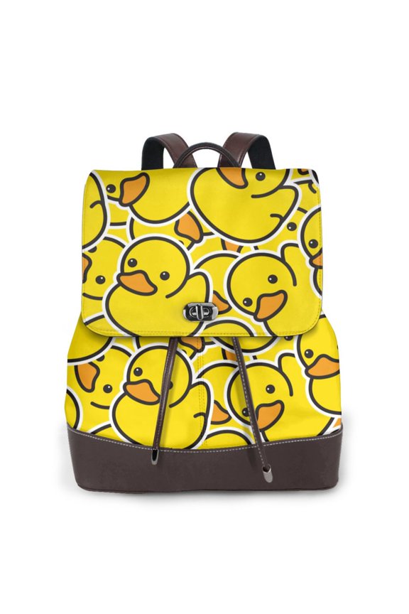 Ducky Cartoon Animal Yellow for Womens Leather Backpack for School Travel Work or Casual Use with Zipper Pockets and Spacious Interior