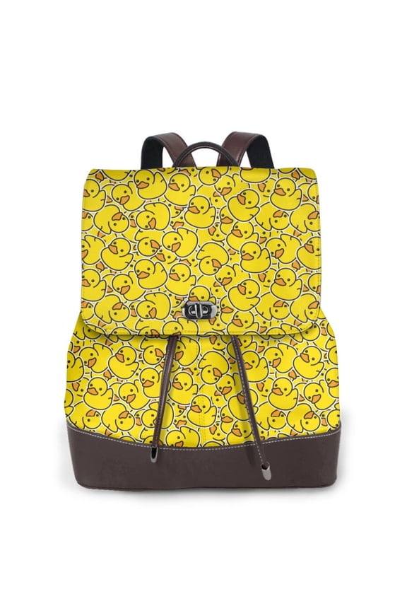 Ducky Cartoon Animal Yellow for Womens Leather Backpack for School Travel Work or Casual Use with Zipper Pockets and Spacious Interior