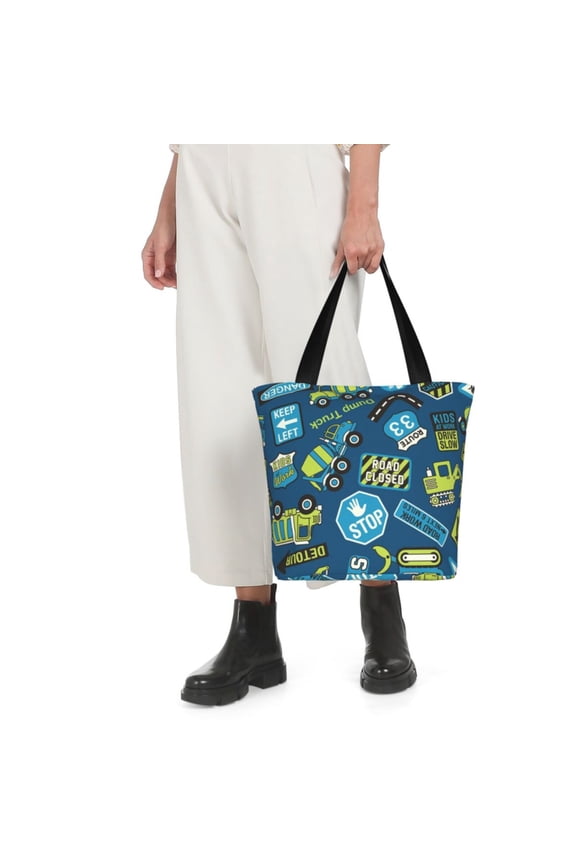 Dump Truck Print Shoulder Bag for Women Large Capacity Zipper Tote for Shopping Beach Travel Gym with Inner Pocket