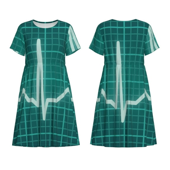 Horeoi ECG Wave Print Women's Short Sleeve Dress Breathable Polyester-Spandex All-Over Print A-Line Side Pockets Elastic Waist