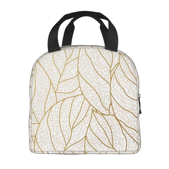 Horeoi Elegant Gold Leaf Pattern Pattern Lunch Bag for Work Picnic Travel Use Thermal Tote with Front Pocket for Women Men Students
