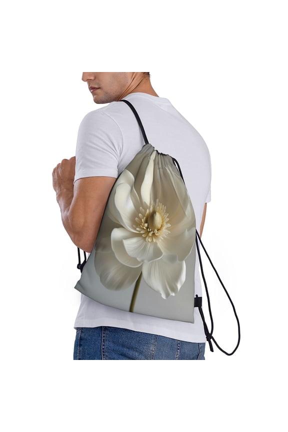 Elegant Ivory Flower Print Drawstring Bags for Gym Sports Yoga Travel Lightweight Foldable Sackpack for Men Women Teens