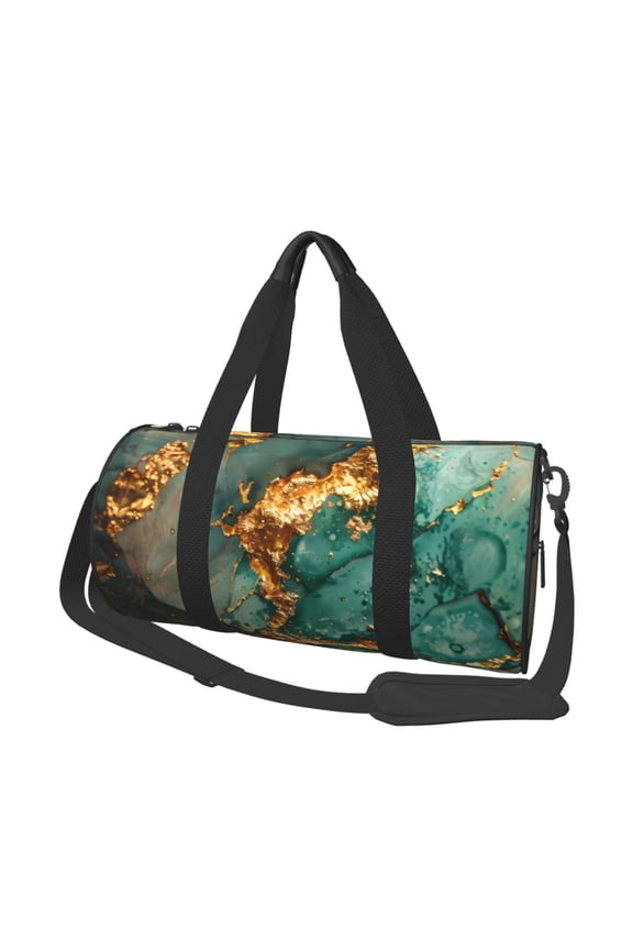 Emerald Color Gold Marble Print Foldable Travel Duffle Bag with Removable Strap - Water-Resistant Gym Vacation Luggage Multi-Pocket Design