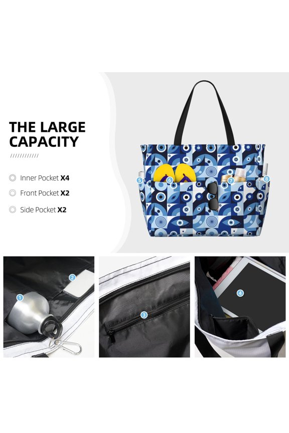 Evil Eye Print Large Capacity Beach Travel Bag Waterproof Polyester with Multiple Pockets for Beach Camping Gym