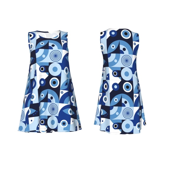 Horeoi Evil Eye Print Women's Sleeveless Dress Cotton-like Flared Hem Deep Side Pockets Above-Knee