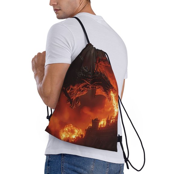 Horeoi Fiery Dragons Castle Attack Print Drawstring Bags for Gym Sports Yoga Travel Lightweight Foldable Sackpack for Men Women Teens