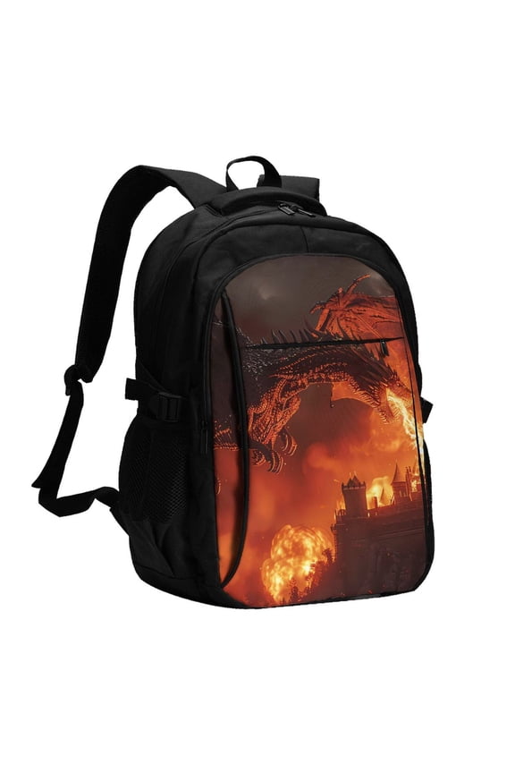 Fiery Dragons Castle Attack Print USB Backpack for Travel School Work with Laptop Compartment Charging Port and Anti-Theft Pocket