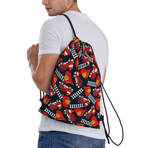 Horeoi Fire Rescue With Red Helmet And Truck Print Drawstring Bags for Gym Sports Yoga Travel Lightweight Foldable Sackpack for Men Women Teens