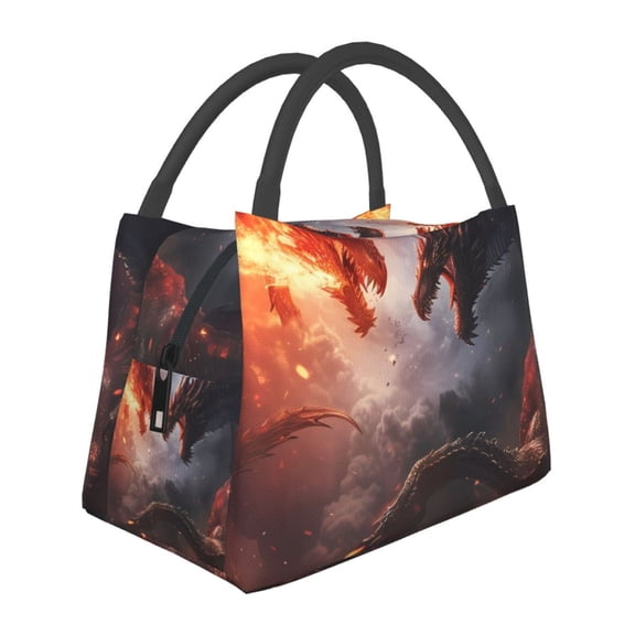 Horeoi Fire Sky Dragon Pattern Portable Insulation Bag for Work Picnic Travel with Zipper and Handle Foldable Thermal Lunch Tote