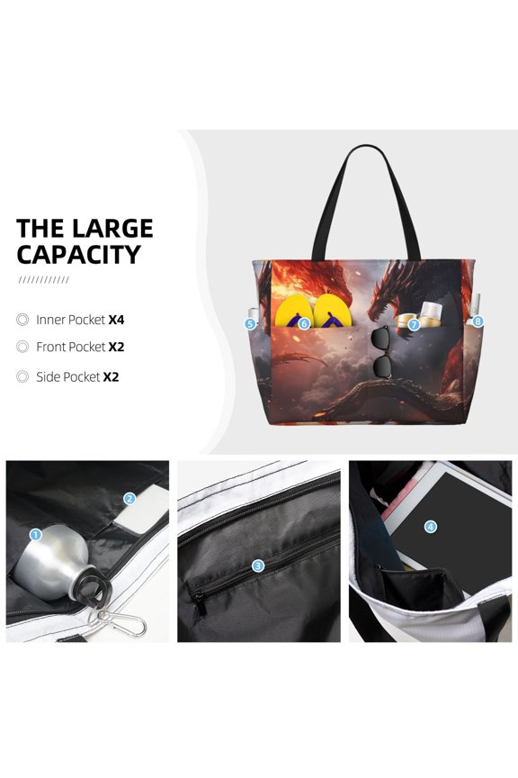 Fire Sky Dragon Print Large Capacity Beach Travel Bag Waterproof Polyester with Multiple Pockets for Beach Camping Gym