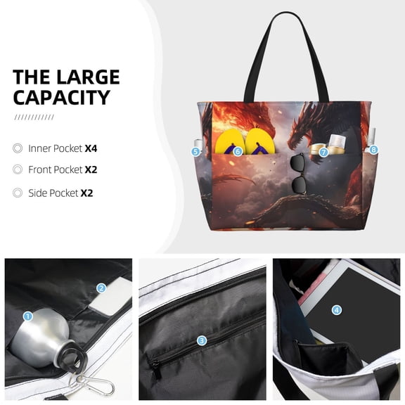 Horeoi Fire Sky Dragon Print Large Capacity Beach Travel Bag Waterproof Polyester with Multiple Pockets for Beach Camping Gym