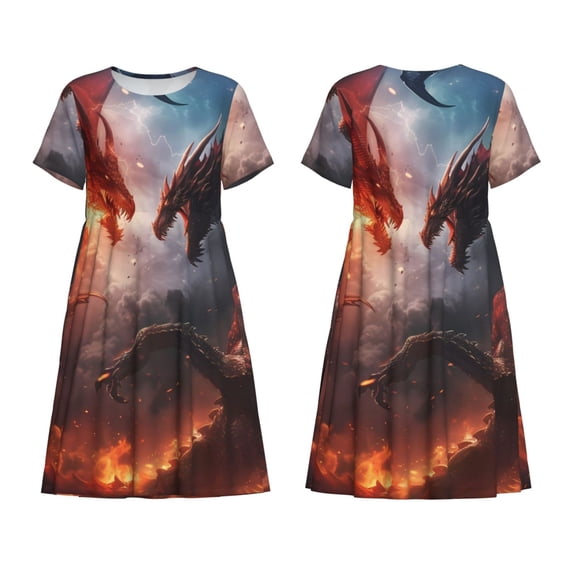 Horeoi Fire Sky Dragon Print Women's Short Sleeve Dress Breathable Polyester-Spandex All-Over Print A-Line Side Pockets Elastic Waist