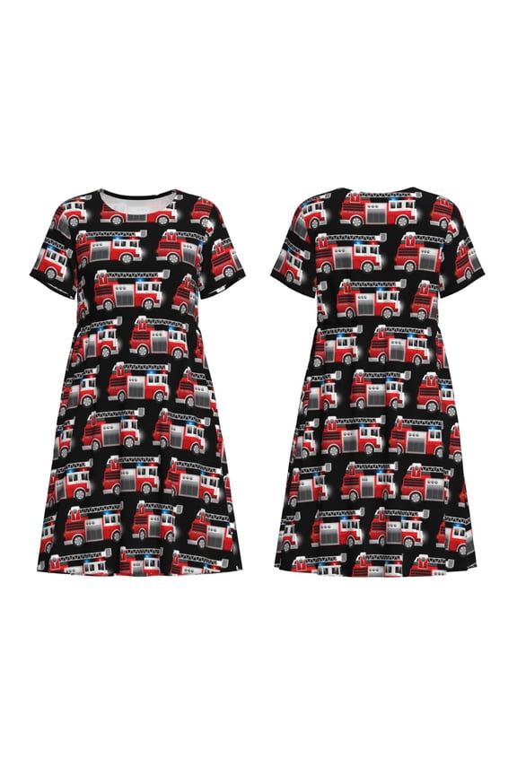 Fire and Rescue Truck Print Women's Short Sleeve Dress Breathable Polyester-Spandex All-Over Print A-Line Side Pockets Elastic Waist