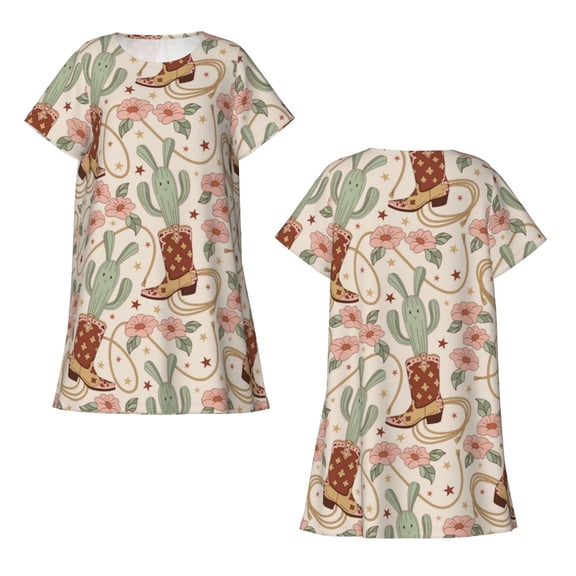 Horeoi Floral Cowboy Boots Print Women's Short-sleeved Nightdress Breathable Cotton-like Material Loose A-line Knee-length