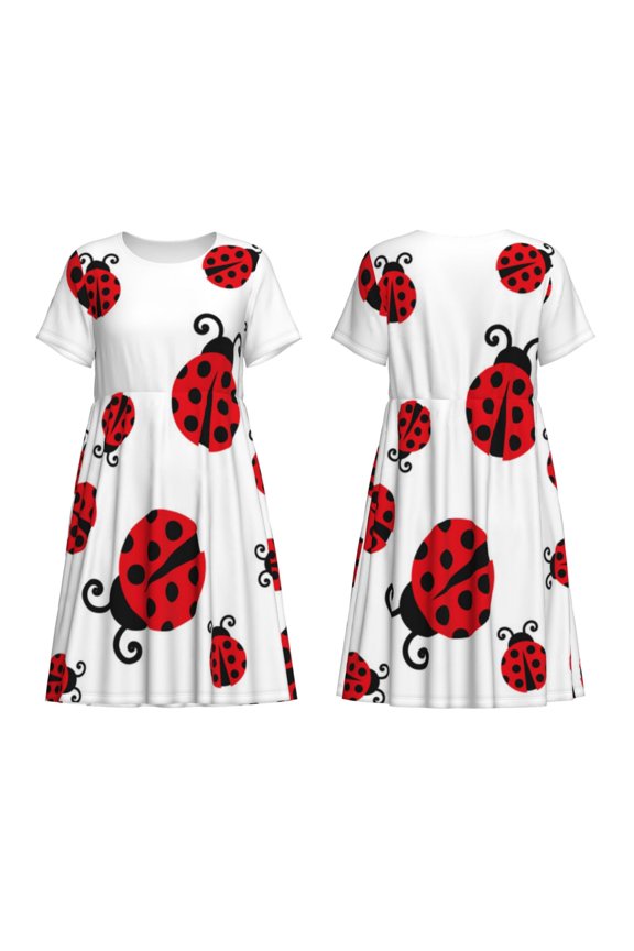 Fly Flying Ladybug Print Women's Short Sleeve Dress Breathable Polyester-Spandex All-Over Print A-Line Side Pockets Elastic Waist