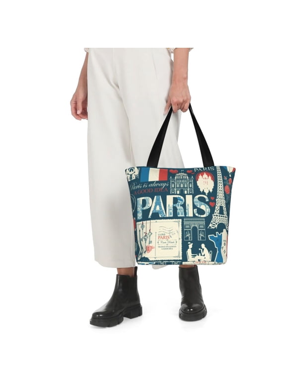 France and Paris Print Shoulder Bag for Women Large Capacity Zipper Tote for Shopping Beach Travel Gym with Inner Pocket