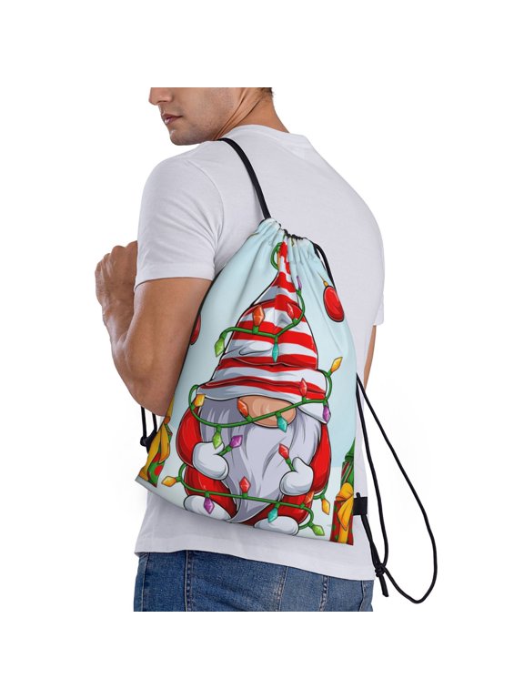 Funny Christmas Gnome Print Drawstring Bags for Gym Sports Yoga Travel Lightweight Foldable Sackpack for Men Women Teens