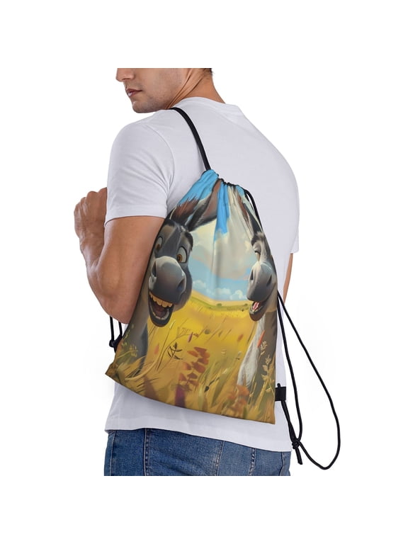 Funny Countryside Donkey Print Drawstring Bags for Gym Sports Yoga Travel Lightweight Foldable Sackpack for Men Women Teens