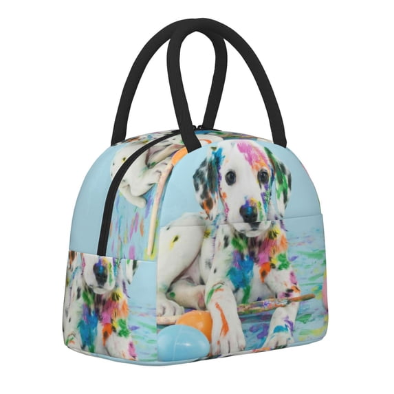 Horeoi A Funny Little Dalmatian Puppy Pattern Large Insulated Lunch Bag for Work, School, Picnic - Waterproof, Durable Oxford Cloth, Comfortable Handle-Black