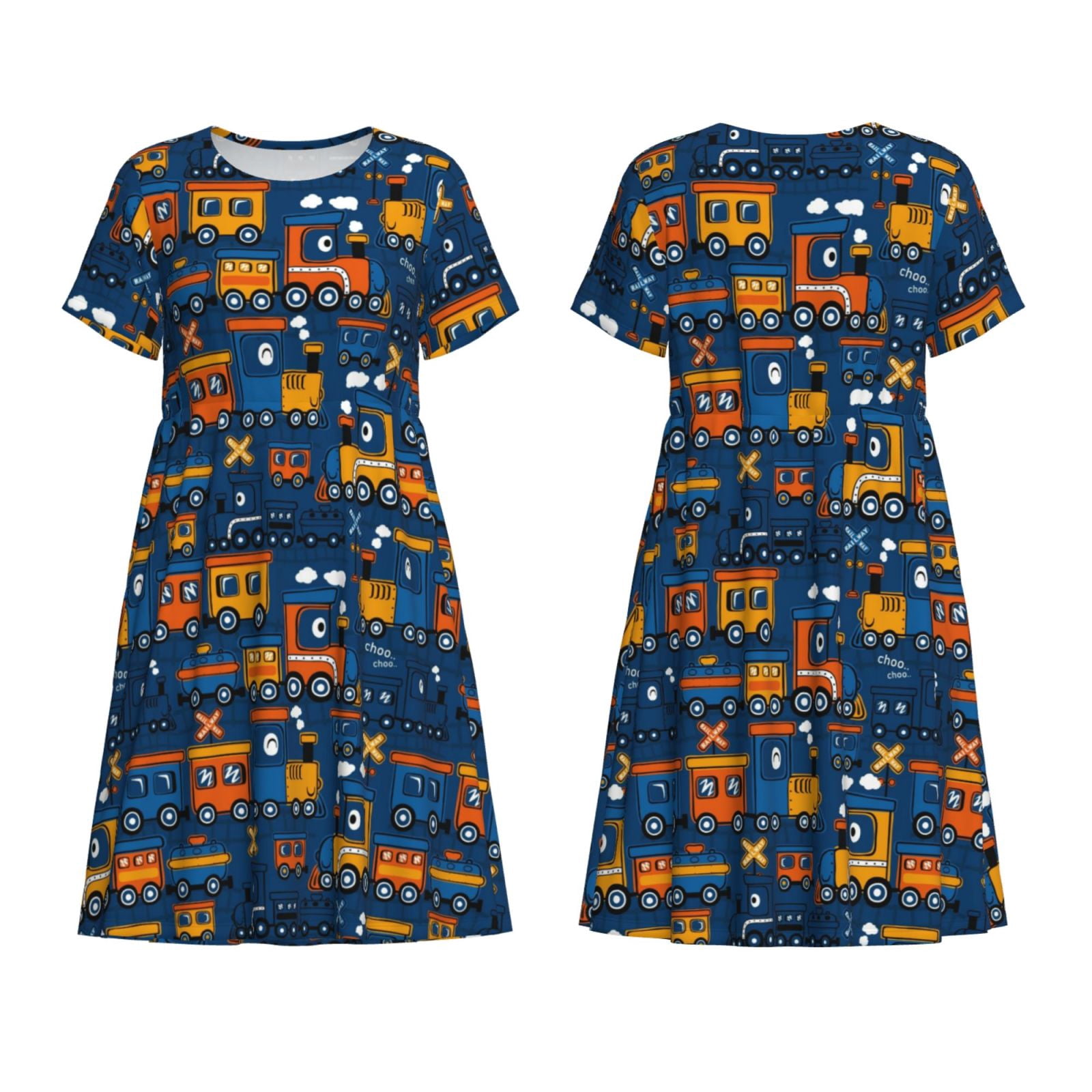 steam polyester dress Horeoi Funny Steam Train Print Women's Short Sleeve Dress Breathable Polyester-Spandex All-Over Print A-Line Side Pockets Elastic Waist