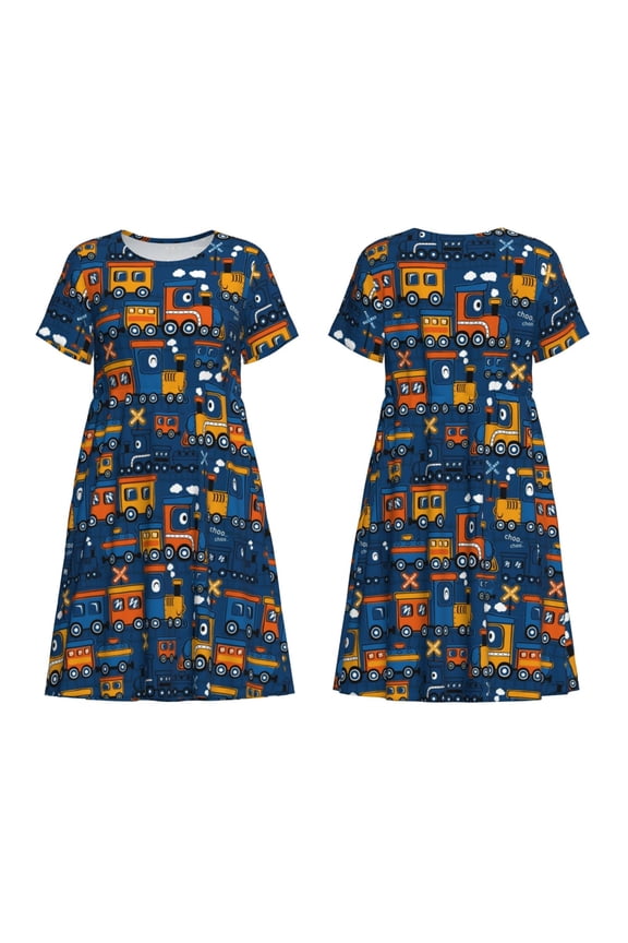 Funny Steam Train Print Women's Short Sleeve Dress Breathable Polyester-Spandex All-Over Print A-Line Side Pockets Elastic Waist