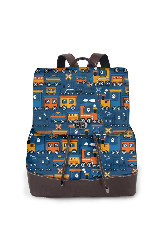 Funny Steam Train for Womens Leather Backpack for School Travel Work or Casual Use with Zipper Pockets and Spacious Interior