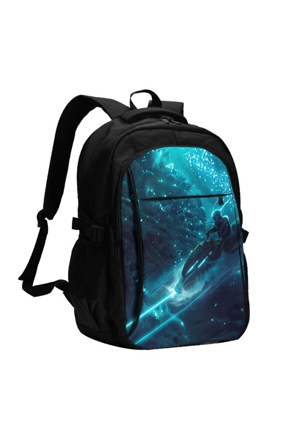 Futuristic Jet Ski Adventure Print USB Backpack for Travel School Work with Laptop Compartment Charging Port and Anti-Theft Pocket