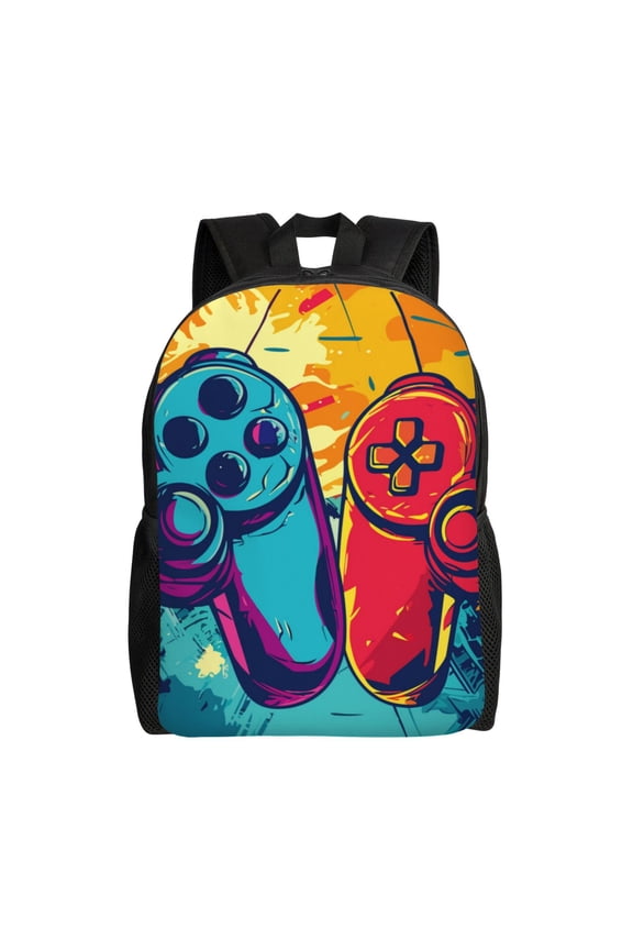 Gaming Print Waterproof 600D Oxford Laptop Backpack for School Travel Work - Lightweight Durable Bag with Adjustable Straps