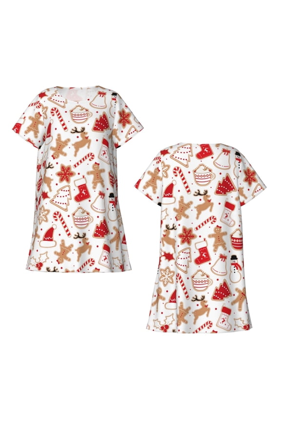 Gingerbread Holiday Sweets Print Women's Short-sleeved Nightdress Breathable Cotton-like Material Loose A-line Knee-length