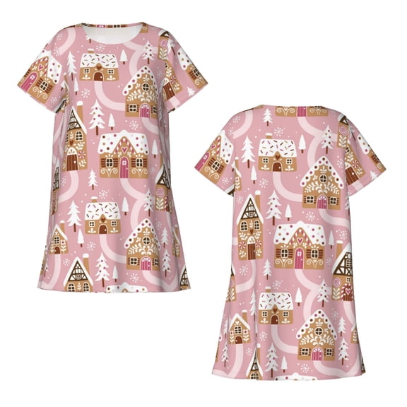Horeoi Gingerbread Houses Pink Wonderland Print Women's Short-sleeved Nightdress Breathable Cotton-like Material Loose A-line Knee-length