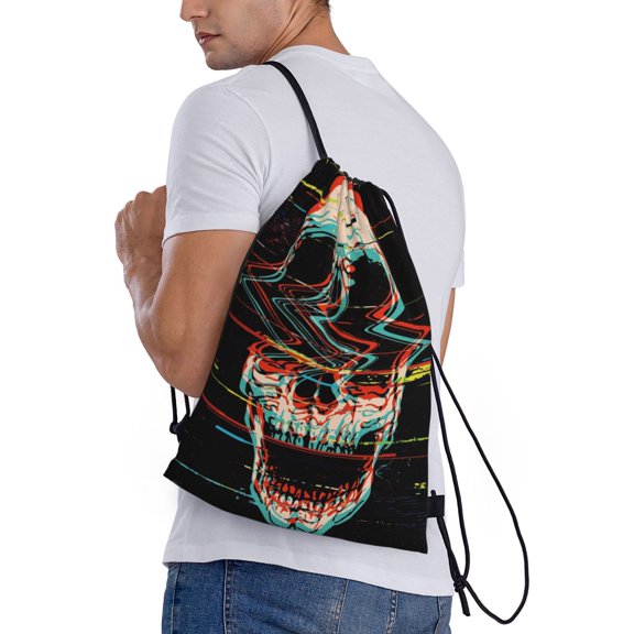 Horeoi Glitch Screaming Skull Print Drawstring Bags for Gym Sports Yoga Travel Lightweight Foldable Sackpack for Men Women Teens