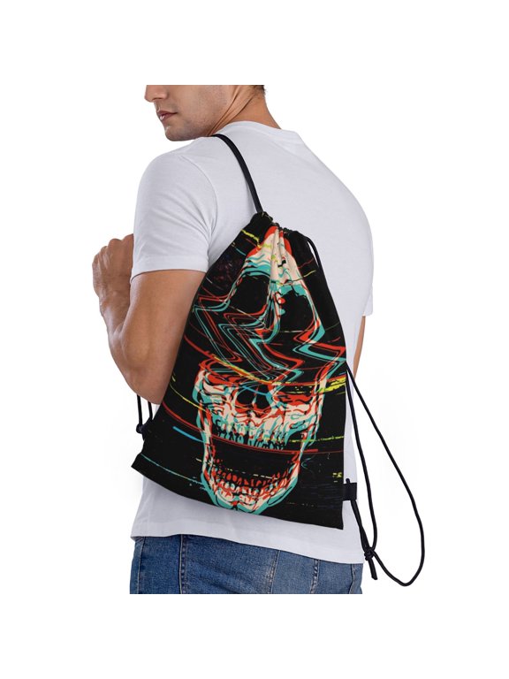 Glitch Screaming Skull Print Drawstring Bags for Gym Sports Yoga Travel Lightweight Foldable Sackpack for Men Women Teens