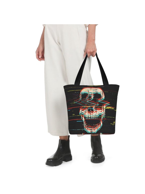 Glitch Screaming Skull Print Shoulder Bag for Women Large Capacity Zipper Tote for Shopping Beach Travel Gym with Inner Pocket