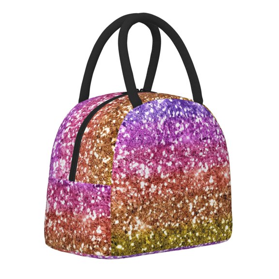 Horeoi Glitter Rainbow Pattern Large Insulated Lunch Bag for Work, School, Picnic - Waterproof, Durable Oxford Cloth, Comfortable Handle-Black