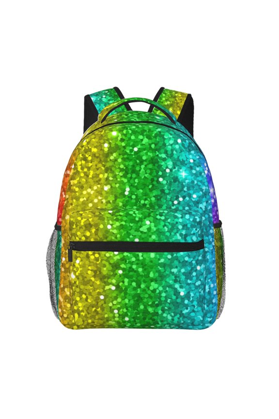 Glitter Rainbow Print Eco-Friendly Lightweight Student Backpack for School Travel - Ergonomic Padded Laptop Compartment & Multi-Pocket Design