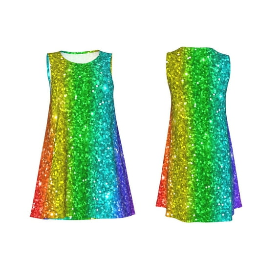 Horeoi Glitter Rainbow Print Women's Sleeveless Dress Cotton-like Flared Hem Deep Side Pockets Above-Knee