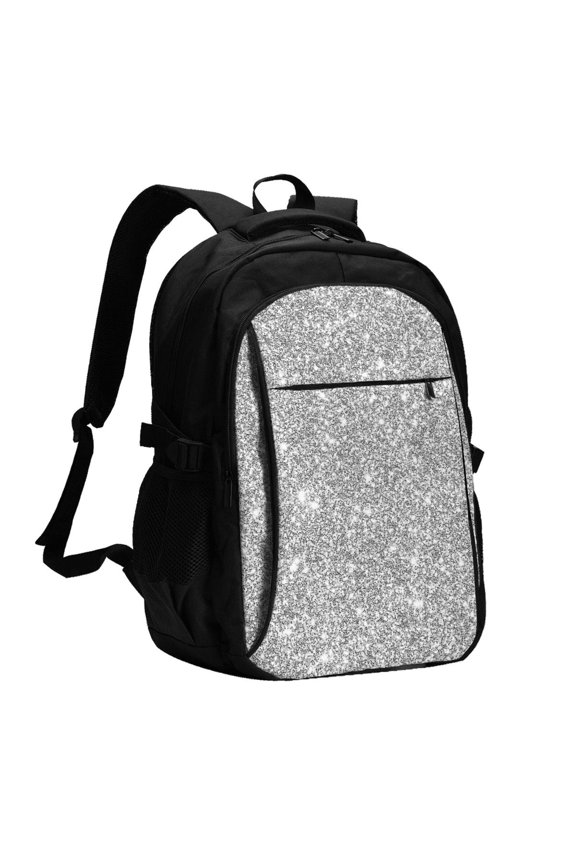 GlitterSilver Print USB Backpack for Travel School Work with Laptop Compartment Charging Port and Anti-Theft Pocket