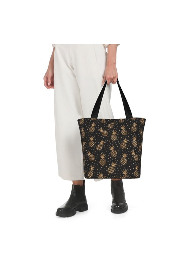 Gold Glitter Pineapples Print Shoulder Bag for Women Large Capacity Zipper Tote for Shopping Beach Travel Gym with Inner Pocket