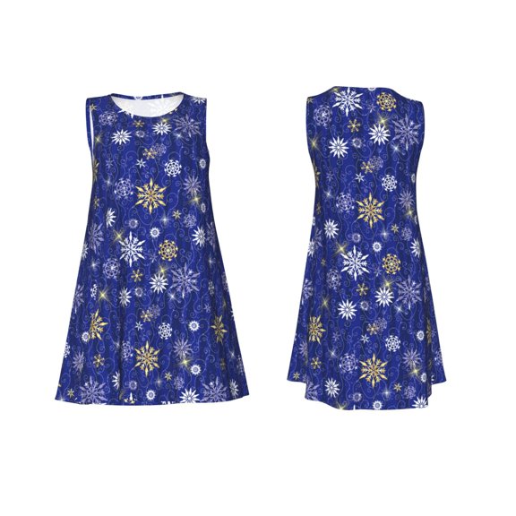 Horeoi Golden Snowflakes Royal Blue Print Women's Sleeveless Dress Cotton-like Flared Hem Deep Side Pockets Above-Knee