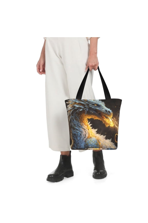 Golden White Fire Dragon Print Shoulder Bag for Women Large Capacity Zipper Tote for Shopping Beach Travel Gym with Inner Pocket