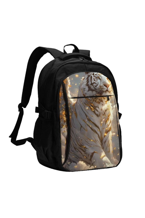 Golden White Tiger Print USB Backpack for Travel School Work with Laptop Compartment Charging Port and Anti-Theft Pocket